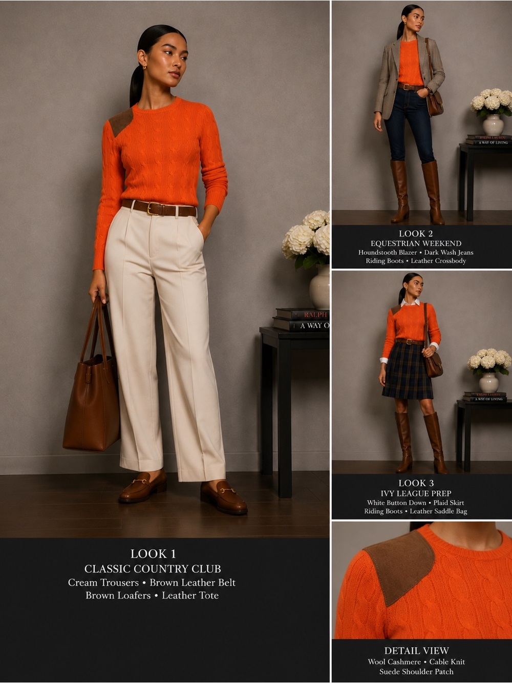 Ralph Lauren Wool Cashmere Cable Knit Sweater Orange Suede Shoulder Patch Sz M